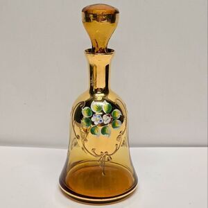 Vintage Bohemian Glass Hand Painted Applied Flowers Gold Gilded Amber Decanter